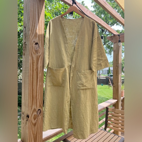 Vintage Yellow Linen duster jacket with pockets - Picture 3 of 4